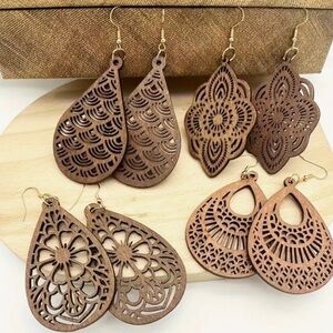 New set of 4 pairs wooden carved dangle earrings